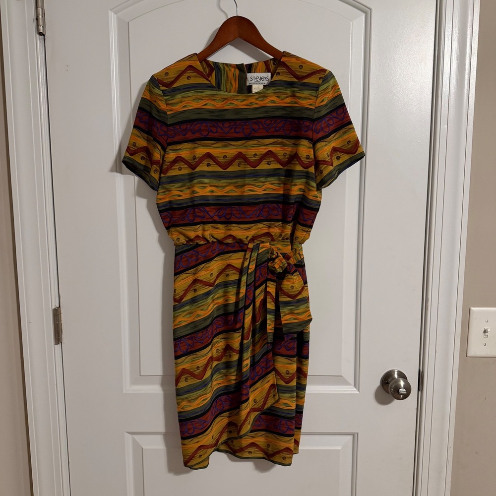 J. Stevens Carol Escritor Vintage Petite Dress Multi Geometric Tie Waist Size 8
